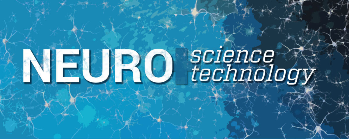 Graphic: blue background with neurons and the words neuro + science technology