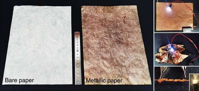 Photographs of the original paper and the paper coated with gold nanoparticles, which can be used to light LEDs.