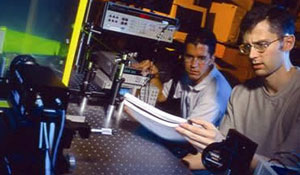 Tom Crittenden (B.S. Auburn University, M.S./Ph.D. Georgia Tech) and Donavon Gerty (B.S. University of Dayton, M.S. Georgia Tech) use particle image velocimetry (PIV) of a microject for advanced thermo-management of microelectronics.