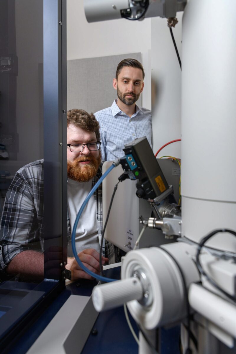Matthew Boebinger, a graduate student at Georgia Tech, and Matthew McDowell, an assistant professor in the George W. Woodruff School of Mechanical Engineering and the School of Materials Science and Engineering, used an electron microscope to observe chem
