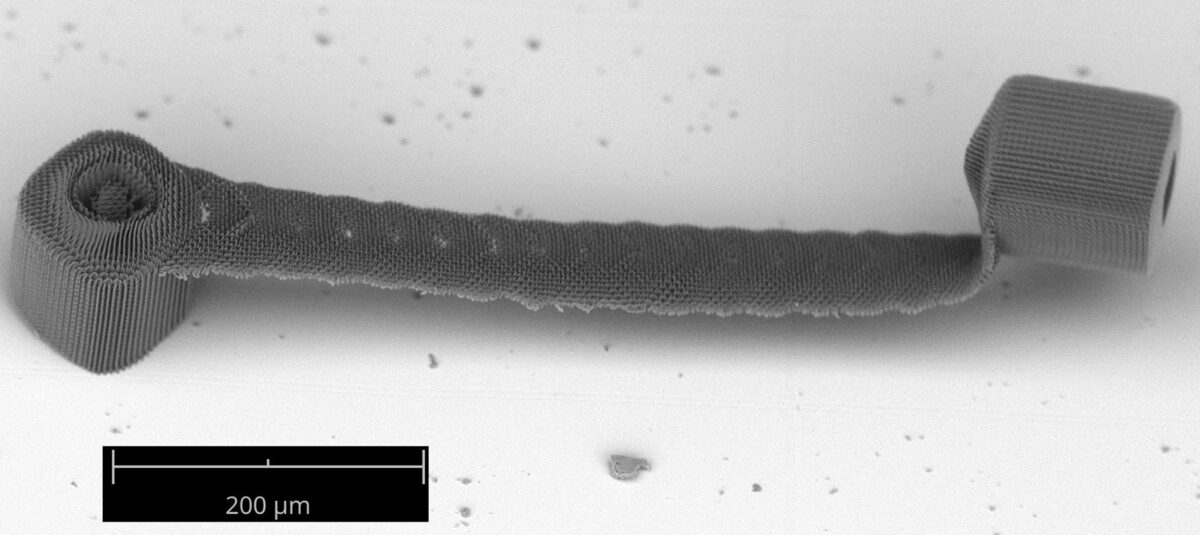 Overhanging 3D structures printed by stitching multiple 2D projections, demonstrating the ability to print depth-resolved features. The bridge structure, with 90-degree overhangs, is challenging to print using serial scanning TPL techniques. (Credit: Vu N Overhanging 3D structures printed by stitching multiple 2D projections, demonstrating the ability to print depth-resolved features. The bridge structure, with 90-degree overhangs, is challenging to print using serial scanning TPL techniques. (Credit: Vu N