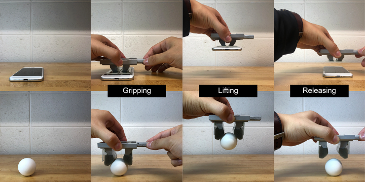 The slightest bit of shear tension makes gecko adhesion surfaces grip, and the release of that same tension makes them let go. The same gripping surfaces can pick up objects of all shapes, sizes, and materials with the exception of Teflon and other non-st