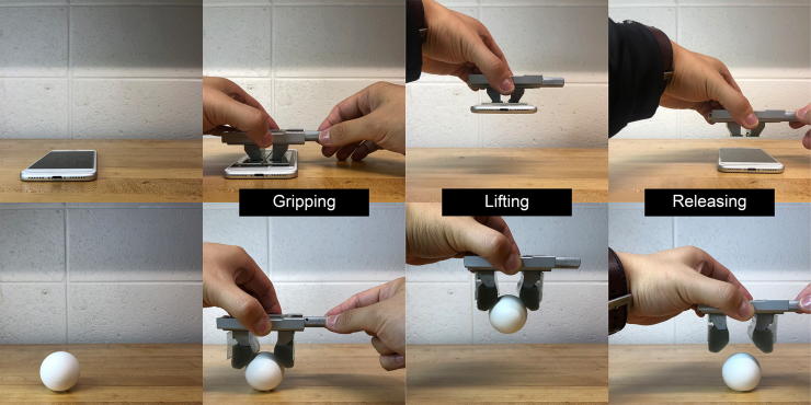 The slightest bit of shear tension makes gecko adhesion surfaces grip, and the release of that same tension makes them let go. The same gripping surfaces can pick up objects of all shapes, sizes, and materials with the exception of Teflon and other non-st The slightest bit of shear tension makes gecko adhesion surfaces grip, and the release of that same tension makes them let go. The same gripping surfaces can pick up objects of all shapes, sizes, and materials with the exception of Teflon and other non-st