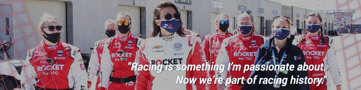 Photo of Paretta team with quote in text: "Racing is someting I'm passionate about. Now we're part of racing history."