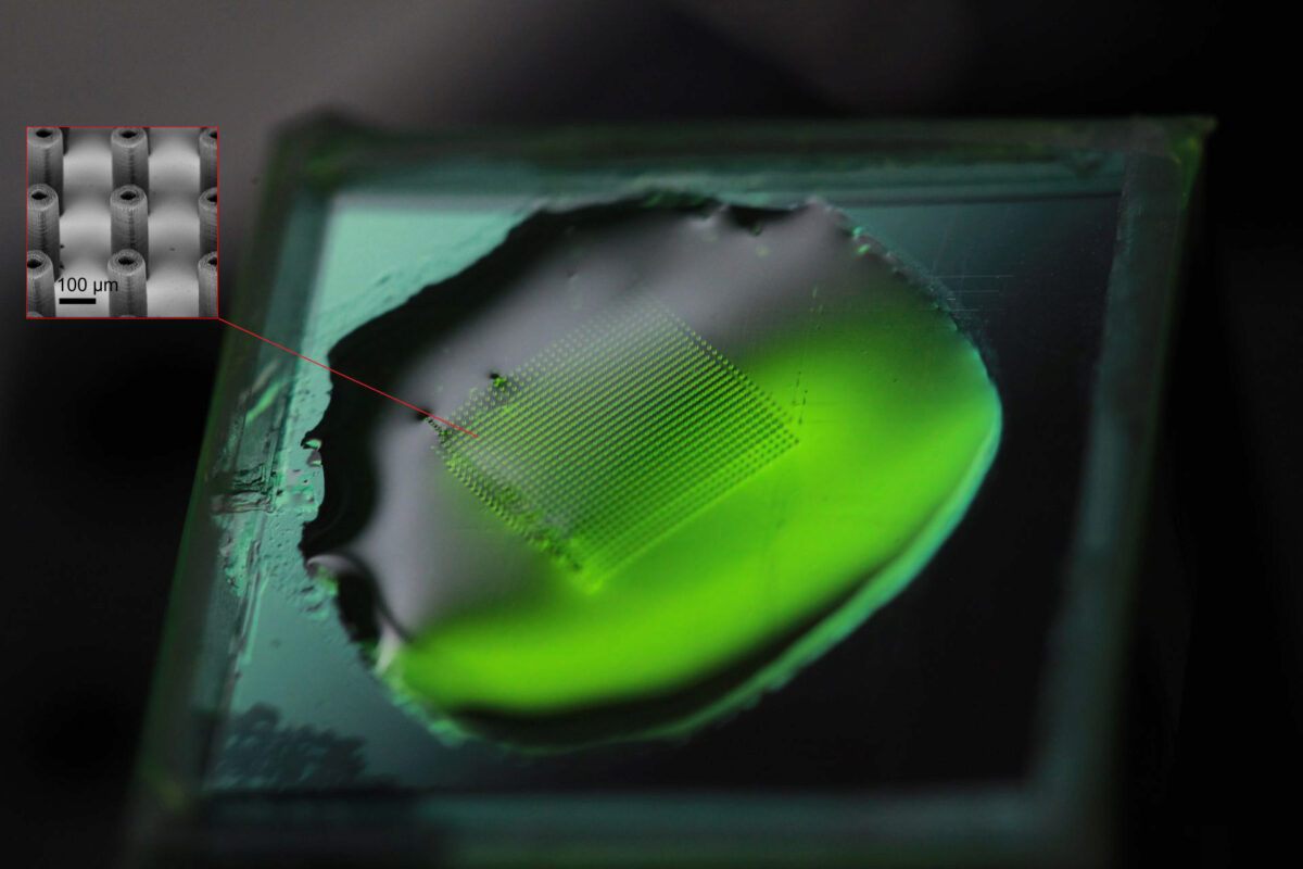 Image shows a printed micropillar forest submerged in the photopolymer resist prior to development. The forest contains 900 micropillars over a 7 mm × 7 mm area and was printed in less than 90 minutes as compared to more than a day of printing with serial