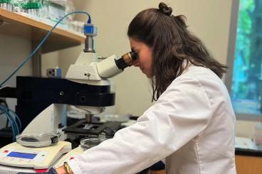 Doctoral student Raphaelle Dodart looks through a microscope at a small sample of clotted blood contained in a microfluidic chip.